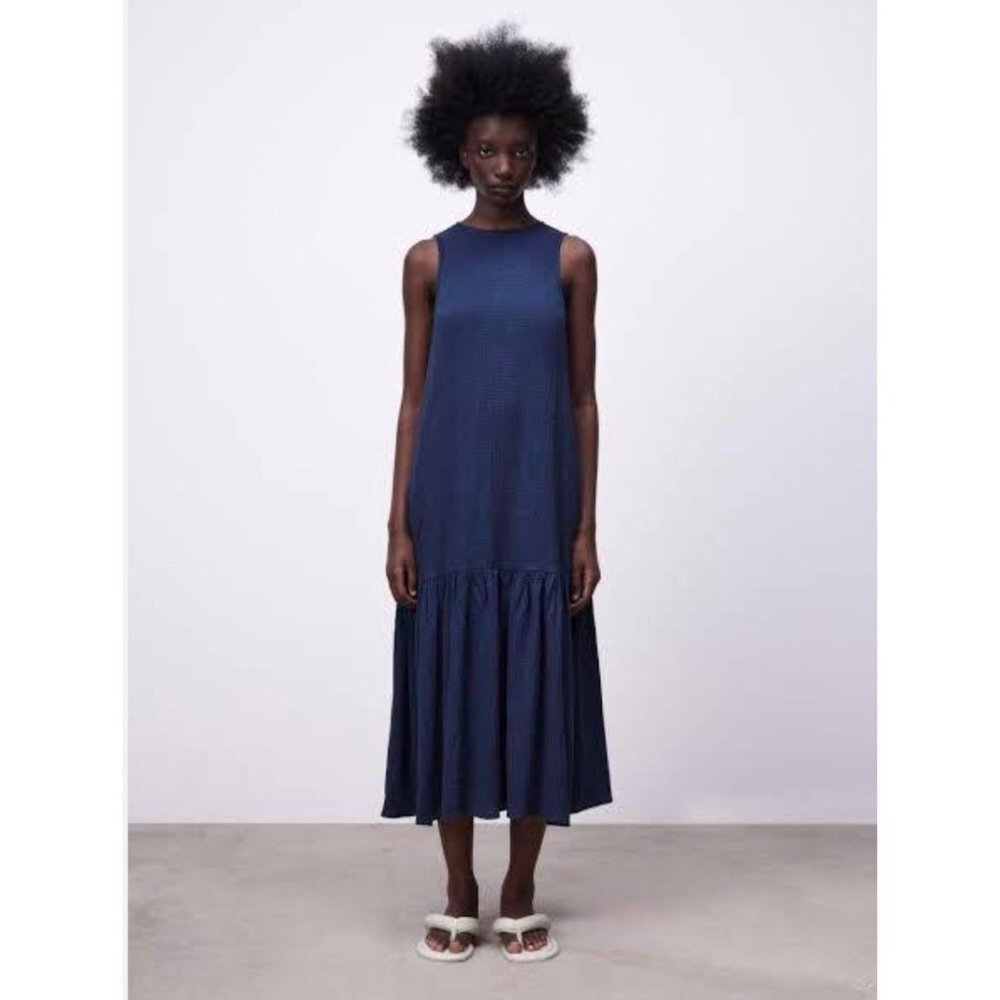 Zara‎ textured tiered weave midi blue dress sz M